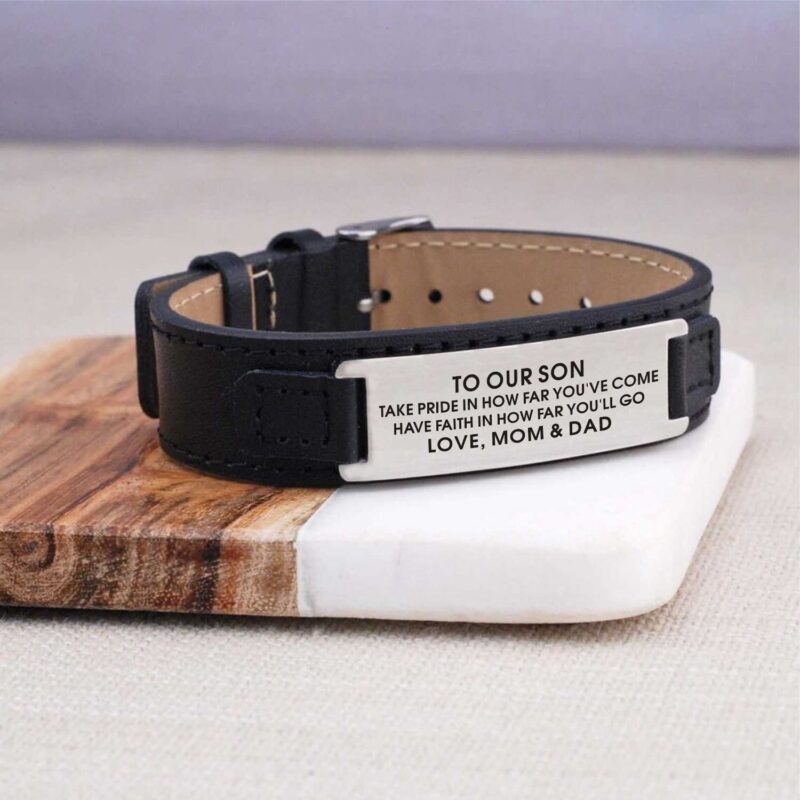 bracelets for son to our son have faith in how far you will go men s leather bracelet black giveme gifts 31073812152381