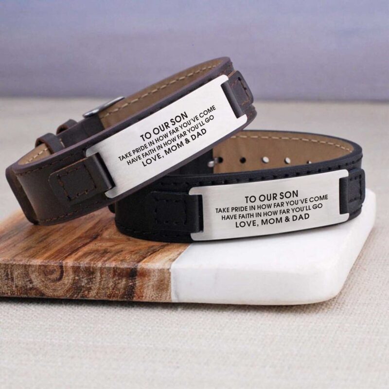 bracelets for son to our son have faith in how far you will go men s leather bracelet giveme gifts 28343137828925